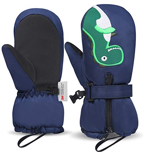 7-mi Kids Mitten Winter, Snow Gloves for Skiing & Snowboarding Lined Warm Long Cuff with String for 4-6 Years Boys & Girls
