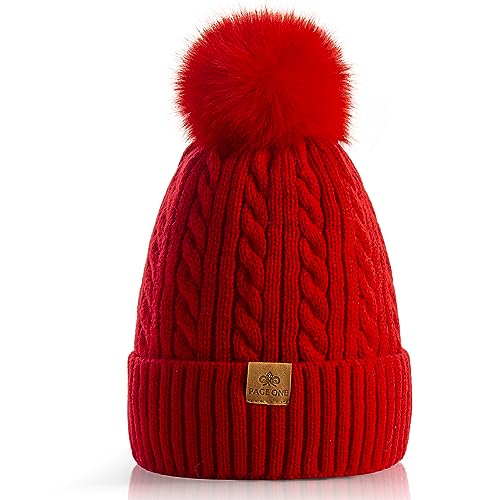 PAGE ONE Women Winter Pom Pom Beanie Hats Warm Fleece Lined,Chunky Trendy Cute Chenille Knit Twist Cap