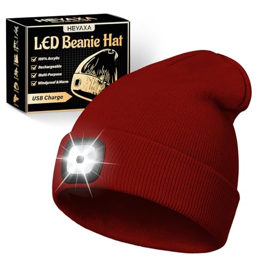 HEYAXA Unisex LED Beanie with Light, Rechargeable Headlamp Hat, Gifts for Christmas, Warm Knitted Cap Stocking Stuffers for Men Adults Teens Women Dad Him (DEEP RED)