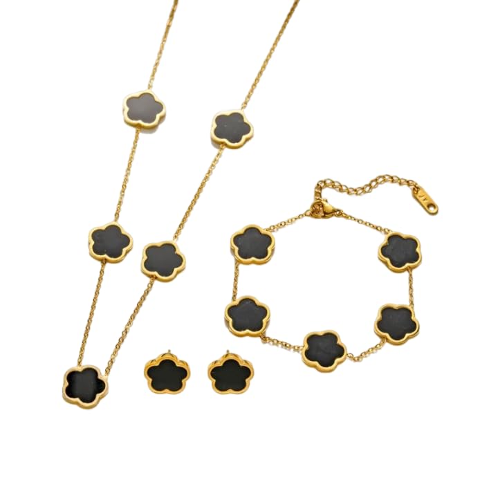 OSIRIDEH2 3Pc 18K Gold Plated Flower Design Stainless Steel Necklace for Women Girl, Elegant Floral Style Necklace Bracelet Jewelry Gift (Black 3pcs)