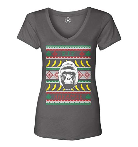 Rip Harambe Christmas Sweater - Never Forget Ladies V-Neck T-Shirt (Dark Gray, Large)