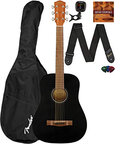 Fender FA-15 3/4-Scale Kids Steel String Acoustic Guitar - Black Learn-to-Play Bundle with Gig Bag, Tuner, Strap, Picks, Fender Play Online Lessons, and Austin Bazaar Instructional DVD