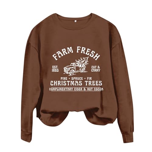 lightning deals of today Farm Fresh Christmas Shirt for Women Est 1980 Crewneck Long Sleeve Christmas Tree Sweatshirt Fashion (Coffee, M)