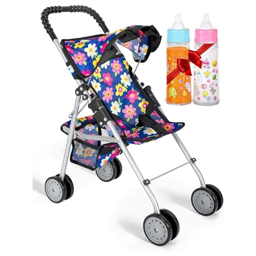 fash n kolor - Doll Stroller My First Baby Doll Strollers Toy - Flower Design with Basket in The Bottom- Doll Accessories 2 Free Magic Bottles Included - New Year Gift, Boys, Girls