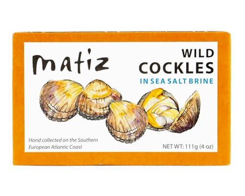Matiz España Wild Cockles from Galicia, Spain in Natural Sea Salt Brine (4 oz.) Spanish Berberechos, Small Clams, Hand Packed, Size 45/55 (Pack of 1)