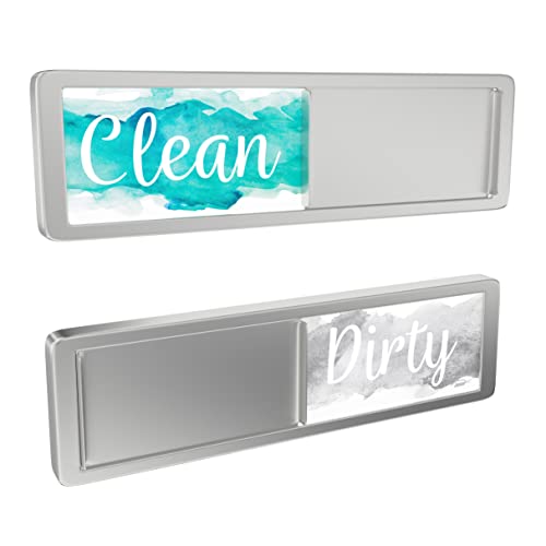 Aqua & Gray Sliding Clean Dirty Magnet for Dishwasher, Strong Dirty Clean Dishwasher Magnet, Aqua Watercolor Dish Indicator with 2 Adhesive Stickers