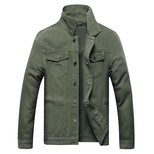 BULUWIE Jean Jacket for Men, Fashion Mens Denim Jacket Washed Classic Casual Distressed Ripped Slim Fit Trucker Jacket（2018 Army Green-L）
