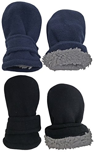 N'Ice Caps 2 Pairs Little Kids Baby Fleece Mittens - Easy-on Sherpa Lined (Black/Navy Pack - Infant No Thumbs, 6-18 Months)