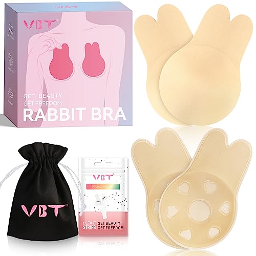 Invisible Sticky Bra, Push Up Adhesive Bras for Backless Strapless Dress, Breast Lift Nipple Coverage Covers for Women,2 Pairs Beige