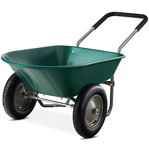 Best Choice Products Dual-Wheel Home Utility Yard Wheelbarrow Garden Cart w/Built-in Stand for Lawn, Gardening, Construction - Green