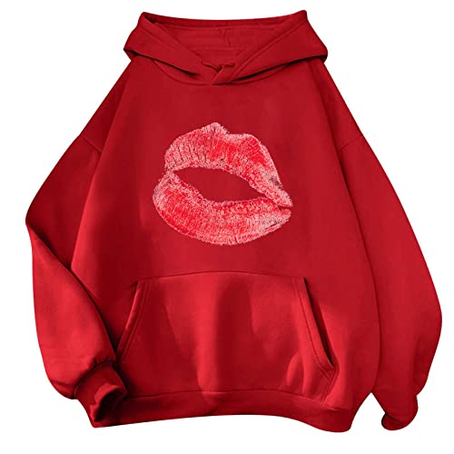 Hoodies for Women Loose Hooded Sweatshirt Valentine's Day Print Large Size O Neck Drawstring Pullover Tops Teen Birthday Shirts for Girls Microfleece Pullover Women Suit Womens Hoodies Pullover