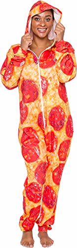 Hooded Pizza Jumpsuit - Adult Pepperoni Pizza Costume - Print Long Sleeve Zip Pajamas by Silver Lilly (XL) Red/Yellow