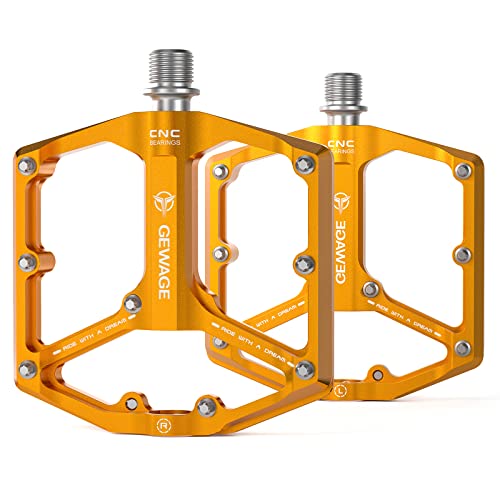 Road/Mountain Bike Pedals - 3 Bearings Bicycle Pedals - 9/16” CNC Machined Flat Pedals with Removable Anti-Skid Nails (Gold)