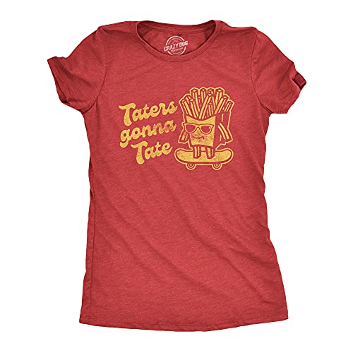 Womens Taters Gonna Tate Tshirt Funny French Fries Skateboarding Graphic Tee Funny Womens Tee for Foodies with Adult Humor Red L