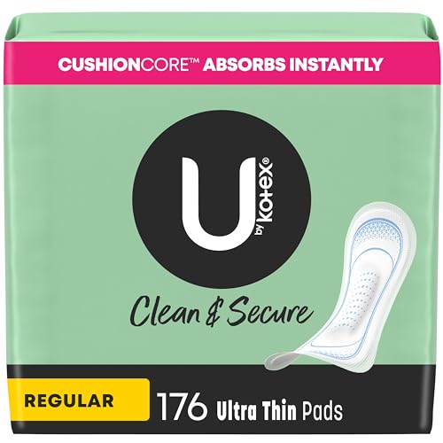 U by Kotex Clean & Secure Ultra Thin Pads, Regular Absorbency, 176 Count (4 Packs of 44) (Packaging May Vary)
