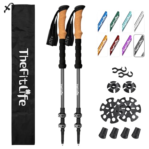TheFitLife Trekking Poles for Hiking and Walking - Lightweight 7075 Aluminum with Metal Flip Lock and Natural Cork Grip, Walking Sticks for Men, Women, Collapsible, Telescopic, Camping Gear