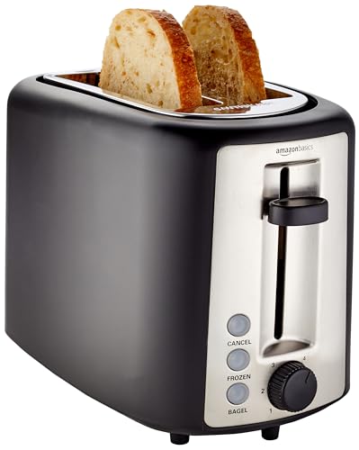 Amazon Basics 2 Slice Cool Touch Toaster With 6 Browning Settings, Extra Wide Slots (for Bagels, Waffles, Specialty Breads), Removable Easy-to-Clean Crumb Tray, Cancel Button, 900W, Black & Silver