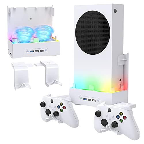 FYOUNG Wall Mount Kits for Xbox Series S with Cooling Fan, RGB Color LED Fan Cooler System Stand with 3 Levels Adjustable Speed, Extra 3 USB Port & 2 Controller Holder for Xbox Series S Accessories