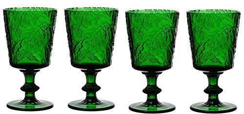 Jomop Handmade Pressed Colored Stemmed Wine Glasses Set Green Set of 4 Retro (4, Wine Goblet)