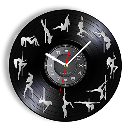 ICECHEN Wall Clock 30Cm Pole Dance Wall Clock with Dancing Movement Gramophone Record Wall Watch Noiseless Black Hanging Decor Mood
