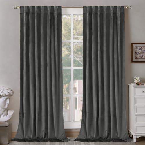 BGment Grey Velvet Curtains 84 inches Long, Thermal Insulated Blackout Curtains Noise Reduce Back Tab and Rod Pocket Luxury Panels for Bedroom/Living Room, 2 Panels, 52 x 84 Inch