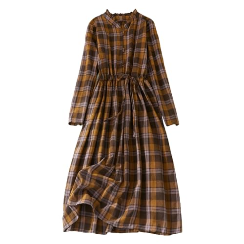 Vintage Plaid Dress for Women Casual Button Boho Dress Cotton Linen Maxi Beach Dress Loose Elastic Waist Long Dress Coffee