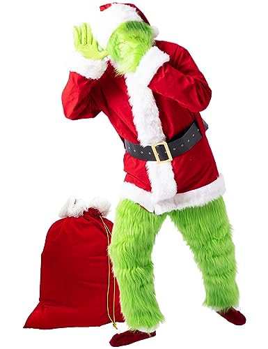 Blafly Christmas Costume for Men Santa Suit Adult 8PCS Deluxe Professional Furry Green Big Monster for Halloween Xmas Outfit Holiday Cosplay Set L
