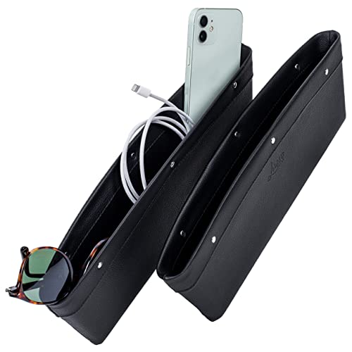 Lusso Gear Car Seat Gap Organiser 2 Pack, Vegan Leather Car Seat Gap Filler Organiser with Universal Fit, Adjustable Gap Filler for Car for iPhone, Android, Glasses, Keys, and More (Black)