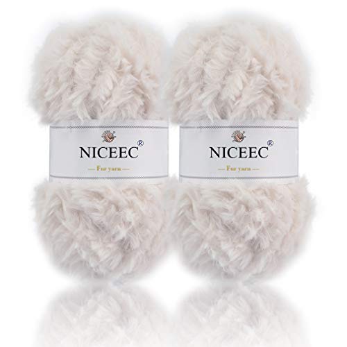 NICEEC 2 Skeins Super Soft Fur Yarn Chunky Fluffy Faux Fur Yarn Eyelash Yarn for Crochet Knit -Total Length 2×32m(2×35yds,50g×2)-Cream White