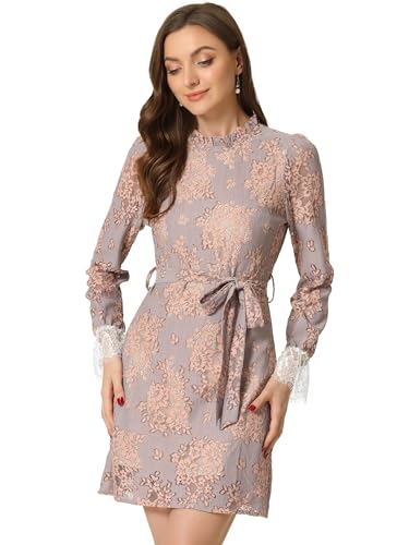 Allegra K Women's Elegant Cocktail Ruffle Crew Neck Floral Lace Shift Dress Medium Grey Pink