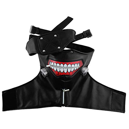 Tokyo Ghoul Kaneki Ken Mask Punk Mask Gothic PU Leather Mask Halloween Cosplay Prop Adjustable Zipper Mask with Detatchable Eye Patch