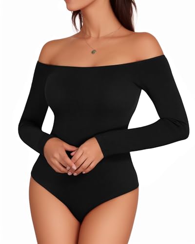 MANGOPOP Off Shoulder Bodysuits for Women Long Sleeve Tops Sexy Body Suits