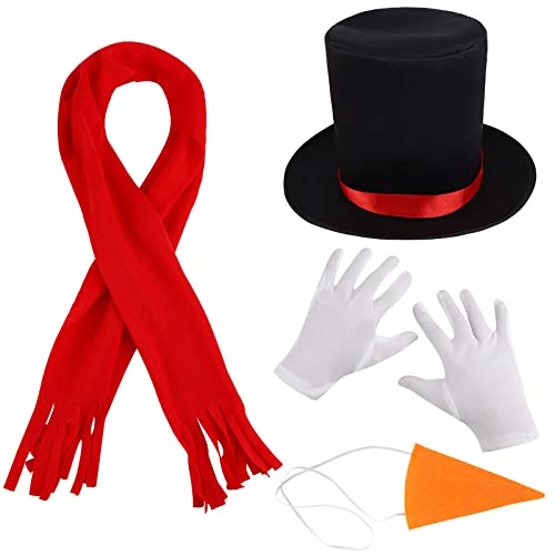 ELCOHO 4 Pieces Christmas Adult Costume Kit Large Snowman Hat with Red Band, Carrot Nose Scarf Gloves for Christmas Party Supply