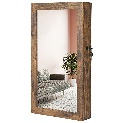 SONGMICS Lockable Jewelry Cabinet Armoire with Mirror, Wall-Mounted Space Saving Jewelry Storage Organizer, Christmas Gifts, Rustic Brown UJJC051K01