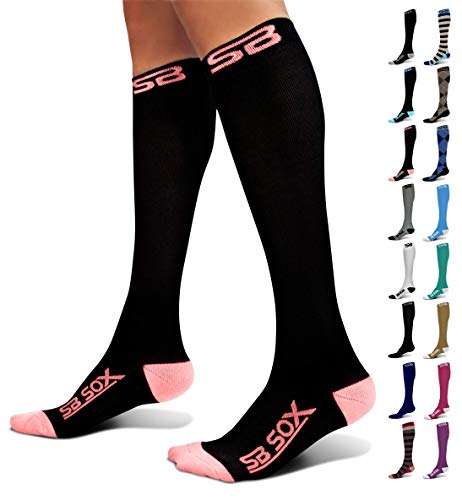 SB SOX Compression Socks (20-30mmHg) for Men & Women – Best Compression Socks for All Day Wear, Better Blood Flow, Swelling! (X-Large, Black/Pink)