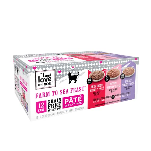I AND LOVE AND YOU Naked Essentials Canned Wet Cat Food - Variety Pack: Beef Recipe, Salmon+Chicken Recipe, Turkey Recipe, 3-Ounce, Pack of 12 Cans, pate, beef, salmon, turkey