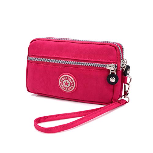 Small Water Resistant Nylon Wristlet Clutch Wallet Cell Phone Purse Bag with 3 Zipper Pouches For Women Ladies (Plum)