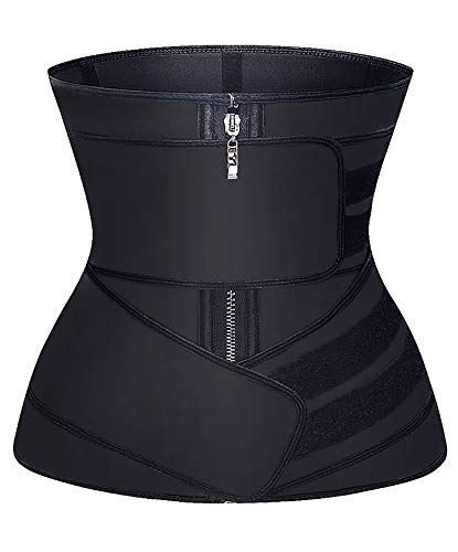 YIANNA Waist Trainer for Women Tummy Control Jsculpt Double Sweat Trimmer Belt Workout Training Sport Girdle, YA2223-Black-L
