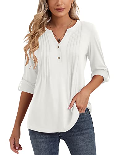 V Neck Long Sleeve Shirts for Women Henley Tops 3/4 Sleeve Dressy Casual Ladies Loose Button-up Blouses Tunic
