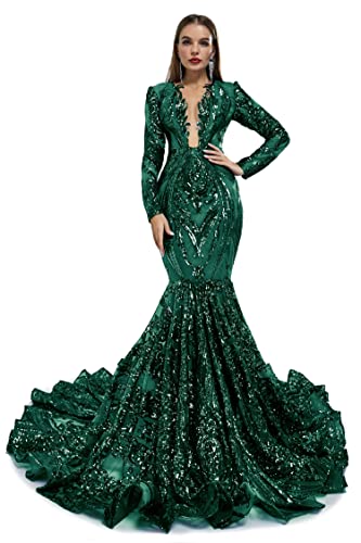 Engerla Long Sleeves V Neck Sequins Mermaid Evening Dresses Formal Party Prom Gowns Green Chapel Train Celebrity Pageant Dress US14