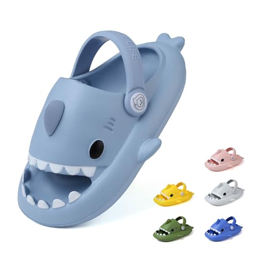 GUUMOR Toddler Kids Shark Slides, Shark Slippers for Boys Girls Non-Slip, Novelty Cloudy Shark Sandals Lightweight, Light Blue