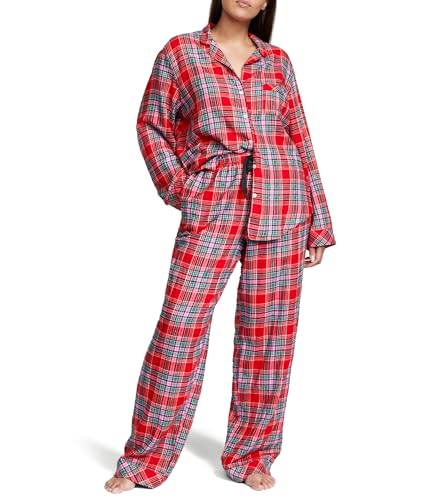 Victoria's Secret Flannel Long Pajama Set, PJ Set for Women, 2 Piece Lounge Set PJs, Flannel Pajamas, Women's Sleepwear, Red (M)
