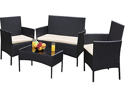 Greesum Patio Furniture 4 Pieces Conversation Sets Outdoor Wicker Rattan Chairs Garden Backyard Balcony Porch Poolside loveseat with Soft Cushion and Glass Table, Black and Beige
