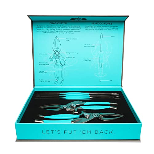 Toadfish Crab & Lobster Seafood Tool Set - 2 Shell Crackers With Cutters & 4 Multi-Use Forks - Non-Slip Grips - Stainless Steel - Built-In Bottle Opener - Makes A Beautiful Gift
