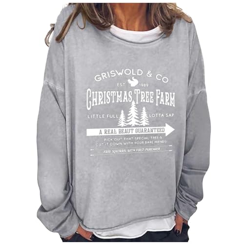 JGJJUGN Griswold&Co Christmas Tree Fram Sweatshirt Womens Xmas Tree Fram Letter Graphic Shirts Long Sleeve Crewneck Holiday Pullovers Gray