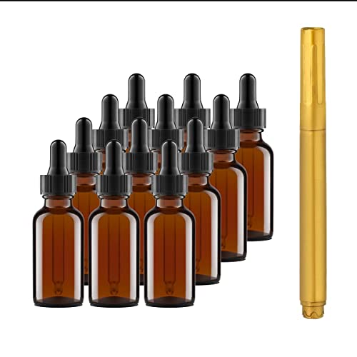 Culinaire Glass Dropper Bottle Amber Glass Eye Dropper Bottles for Essential Oil Serum and Liquid Extract with Glass Eye Droppers and Gold Glass Pen, 1oz, Pack of 12