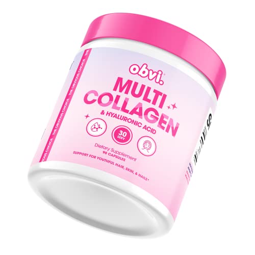 Obvi Collagen Pills, Multi Collagen and Hyaluronic Acid Supplement, Collagen Capsules for Women, Glowing Skin, Joint, Hair and Skin Support (30 Servings)