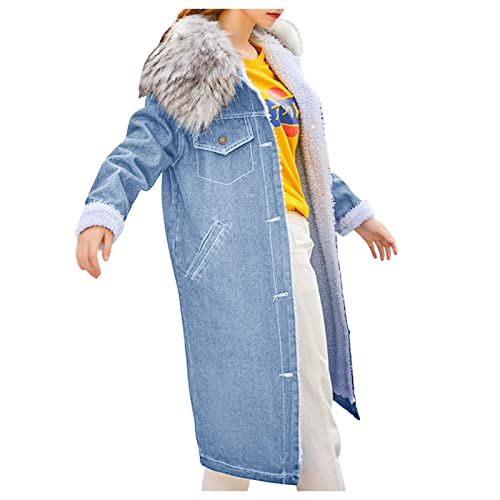 Denim Jacket with Fur, Oversized Denim Jacket Women Fleece Lined Vintage Outerwear Pocket Jacket with Hoodie,Denim Jacket Coat with Pocket
