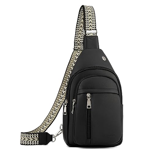 BOSTANTEN Sling Bag Cross Body Bag Trendy Leather Crossbody Purse Chest Bag with Adjustable Guitar Strap for Travel, Black
