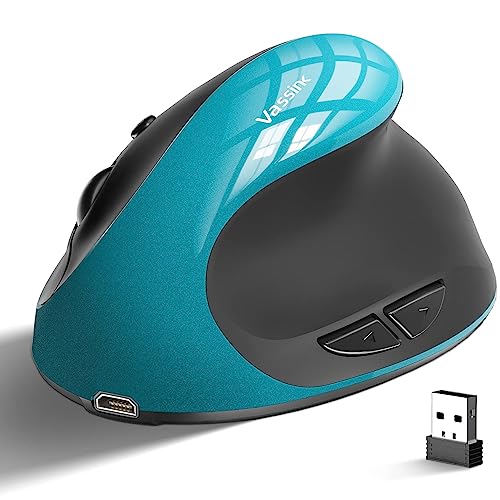 Vassink Ergonomic Mouse, Rechargeable Wireless Mouse Right Handed Small Mouse with 6 Buttons 3 Adjustable 800/1200/1600 DPI for Laptop,Desktop,PC, MacBook（Blue）